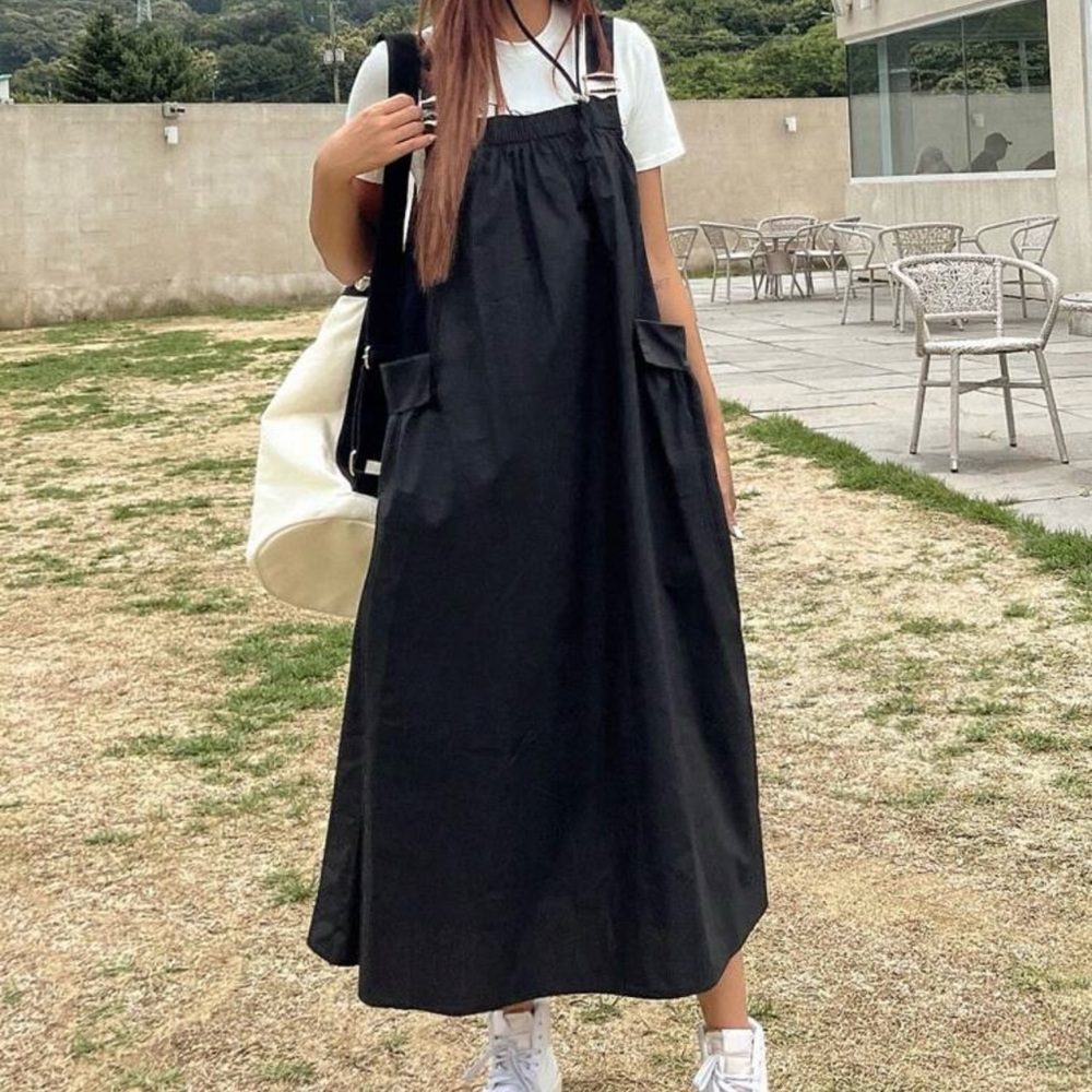 DAZY Solid Black Dual Pocket Overall Dress, Size L